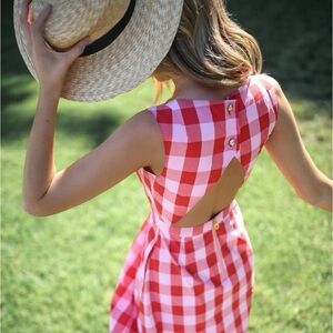 Draper James x Net-a-Porter Pink Gingham Fit & Flare Dress Picnic Garden 4